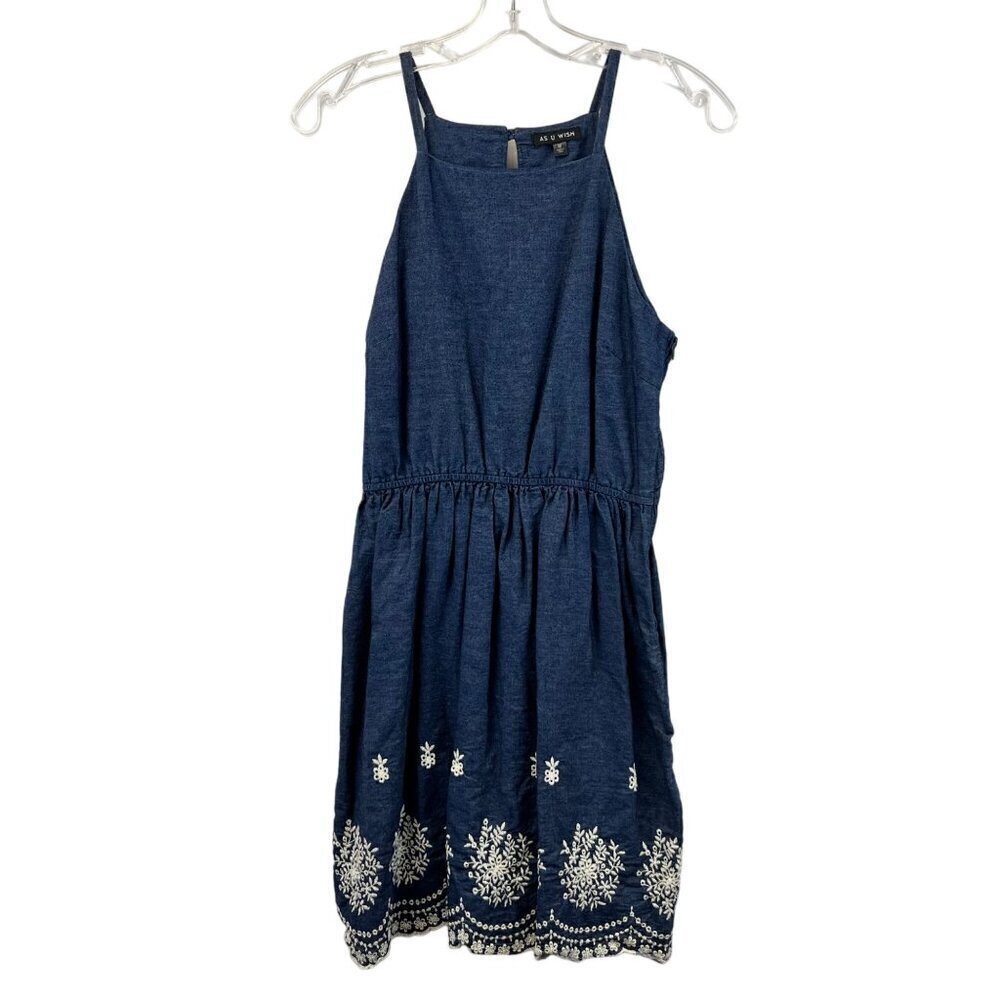 As U Wish Womens Sleeveless Knee Length Blue/Ivory Embroidered A-Line Dress M